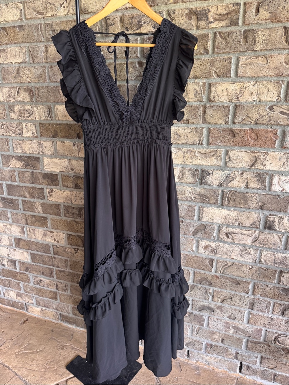 Baltic Born Jasmine Ruffle Maxi Dress Black Lace Trim Smocked Flutter Sleeve M - Picture 6 of 16